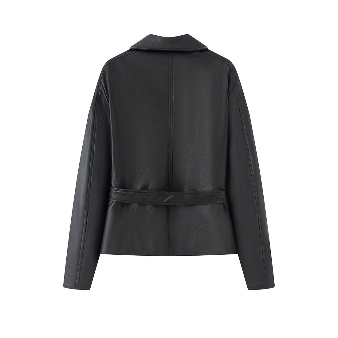 Damen kurz geschnittene Trench-Optik Kunstlederjacke mit Bindegürtel und Schulterpatten – Célinea