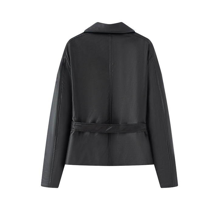 Damen nan kurz geschnittene Trench-Optik Kunstlederjacke mit Bindegürtel und Schulterpatten Echo Archiv