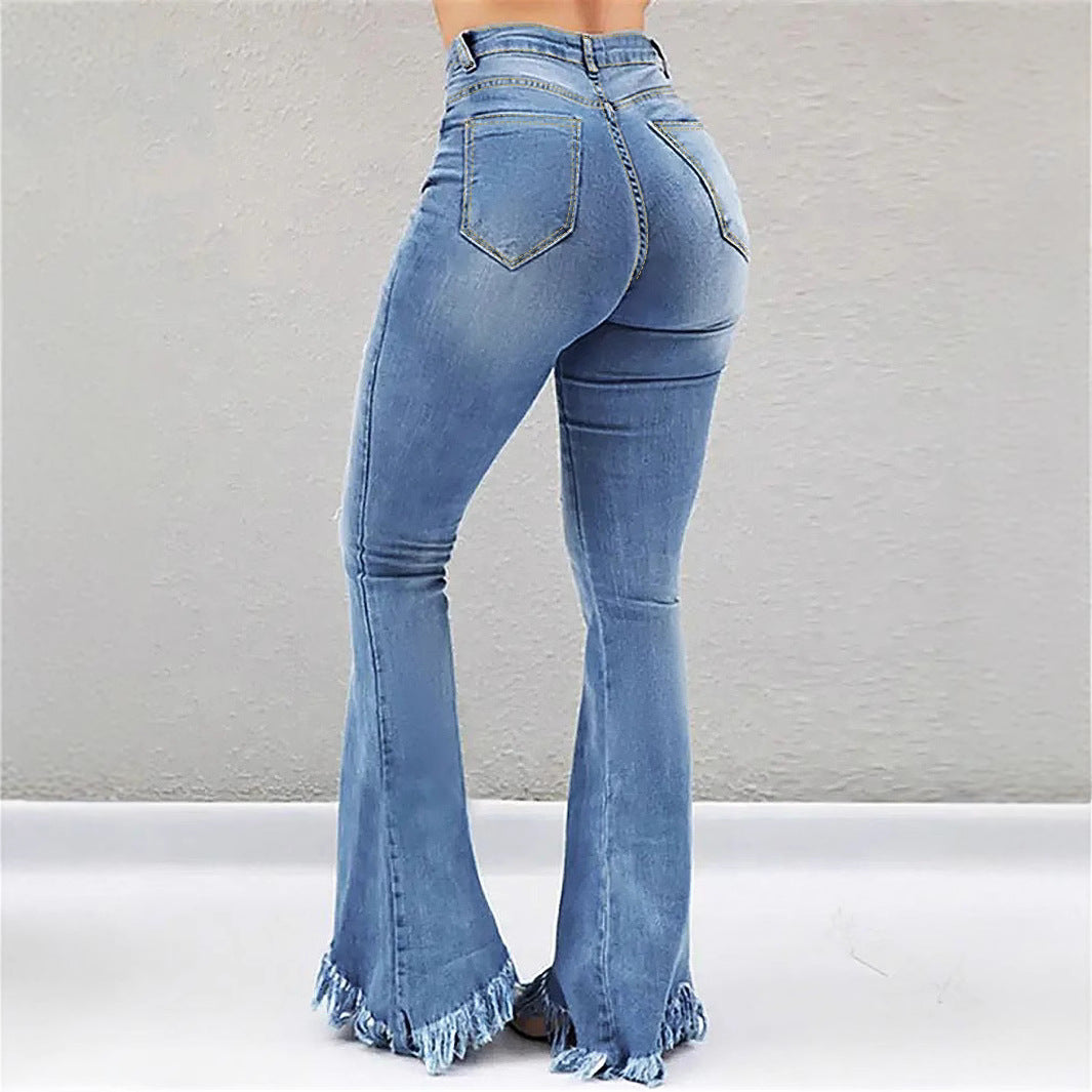 Damen High-Waist Flared-Jeans mit sculptendem Schnitt, Destroyed-Kniepartien und fransigem Volant-Saum Echo Archiv