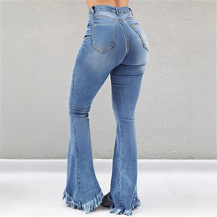Damen High-Waist Flared-Jeans mit sculptendem Schnitt, Destroyed-Kniepartien und fransigem Volant-Saum Echo Archiv