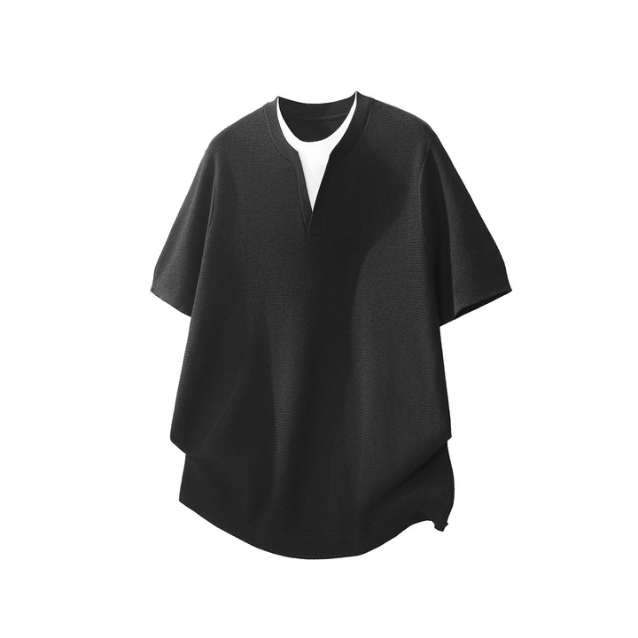 Herren Kurzarm-Strickshirt mit strukturierter Waffeloptik und V-Notch-Kragen Echo Archiv
