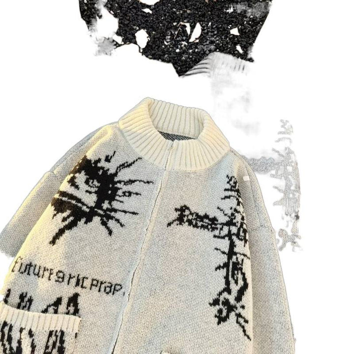 Unisex Grobgestrickte Zip‑Strickjacke mit hohem Rippenkragen, Jacquardmuster und aufgesetzten Taschen Echoarchiv