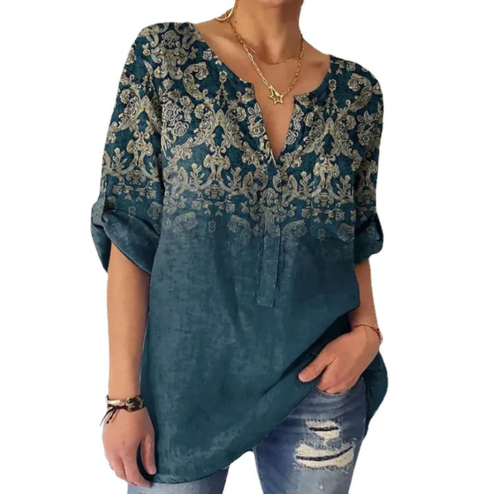 Damen nan V-Ausschnitt-Tunika im Leinenlook mit ornamentalem Bordürenprint, krempelbaren Ärmeln und gerundetem Saum Echo Archiv