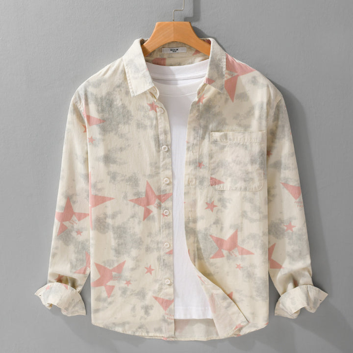Herren Lockeres Baumwoll-Blend Overshirt mit Stern-Print und Brusttasche Echoarchiv