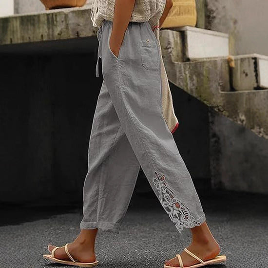 Damen luftige Leinenhose mit dekorativen Stickereien Echoarchiv