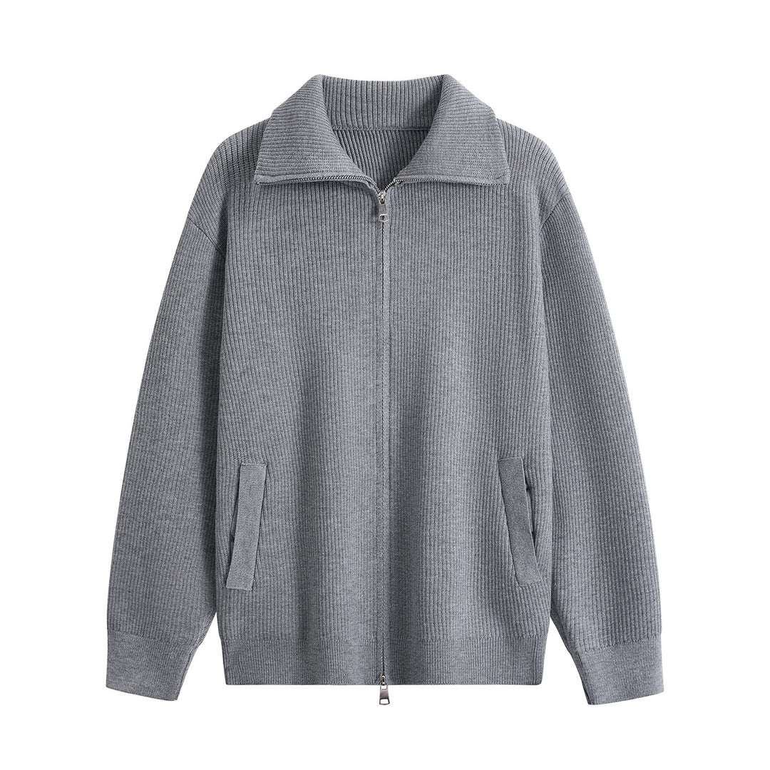 Herren Strick-Zipjacke mit Stehkragen, gerippter Struktur und Oversized-Schnitt Echoarchiv