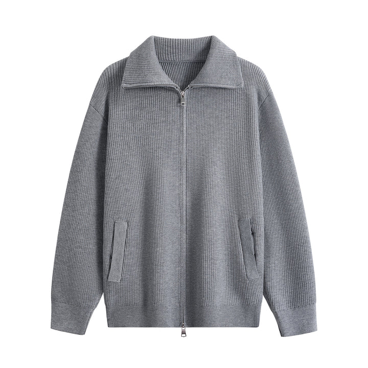 Herren Strick-Zipjacke mit Stehkragen, gerippter Struktur und Oversized-Schnitt Echoarchiv