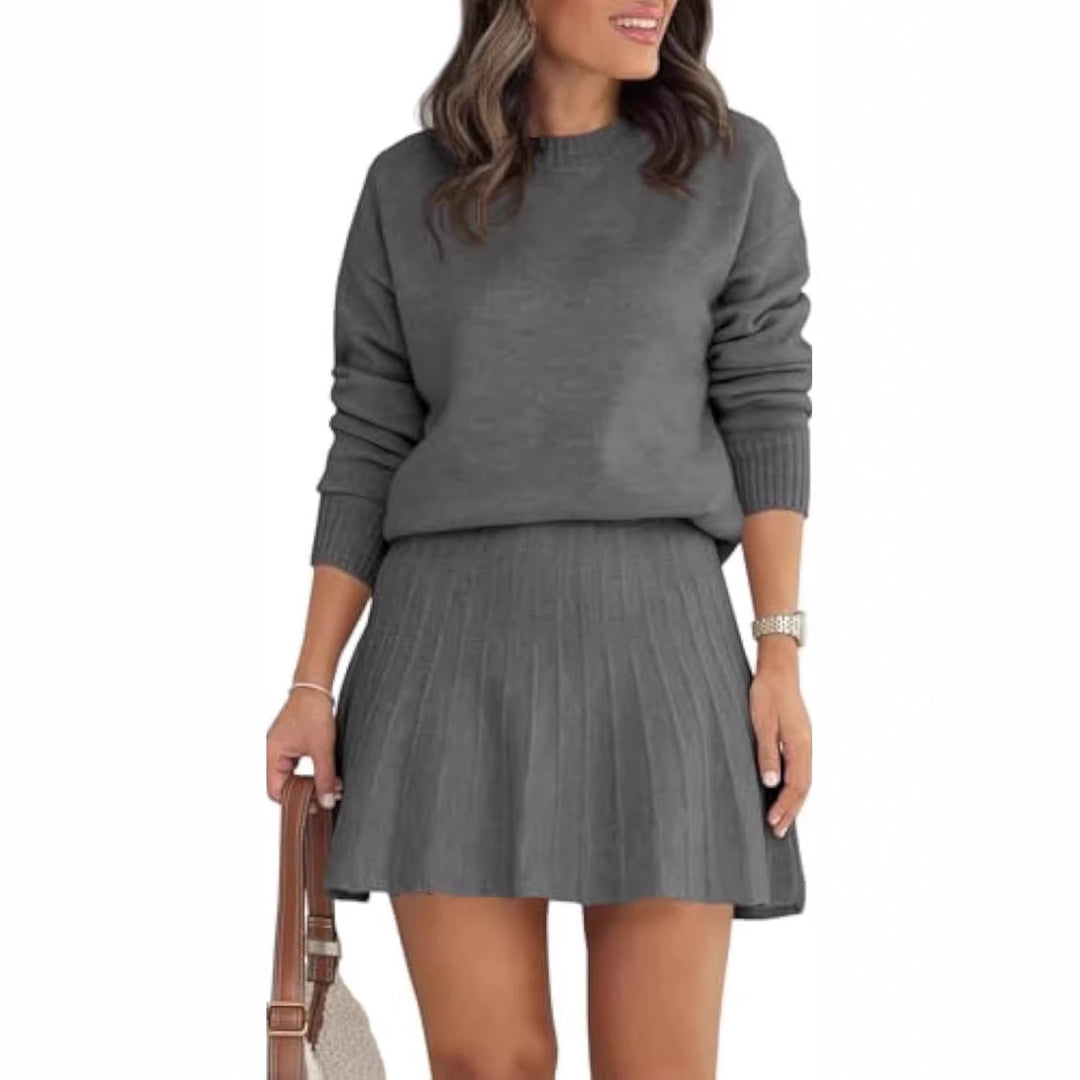 Damen Zweiteiliges Strick-Set mit Rundhals-Pullover und Plissée-Minirock – Élanora