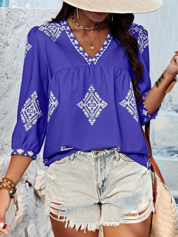Damen Locker geschnittene Boho‑Bluse mit V‑Ausschnitt, geraffter Brustnaht und dreiviertelärmeln Echo Archiv