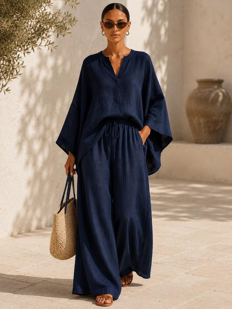 Damen Leichte Leinenmischung Übergroße Kaftan-Oberteil und Kordelzug Weitbein-Hosen Set – Élanora