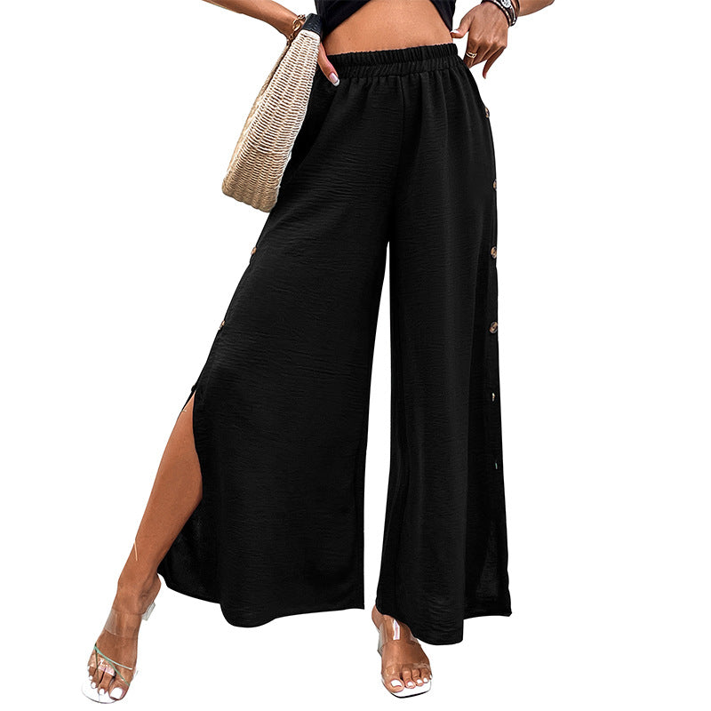 Damen Weite Palazzo-Hose mit elastischem Bund, Seitenschlitz und Zierknopfleiste Echoarchiv