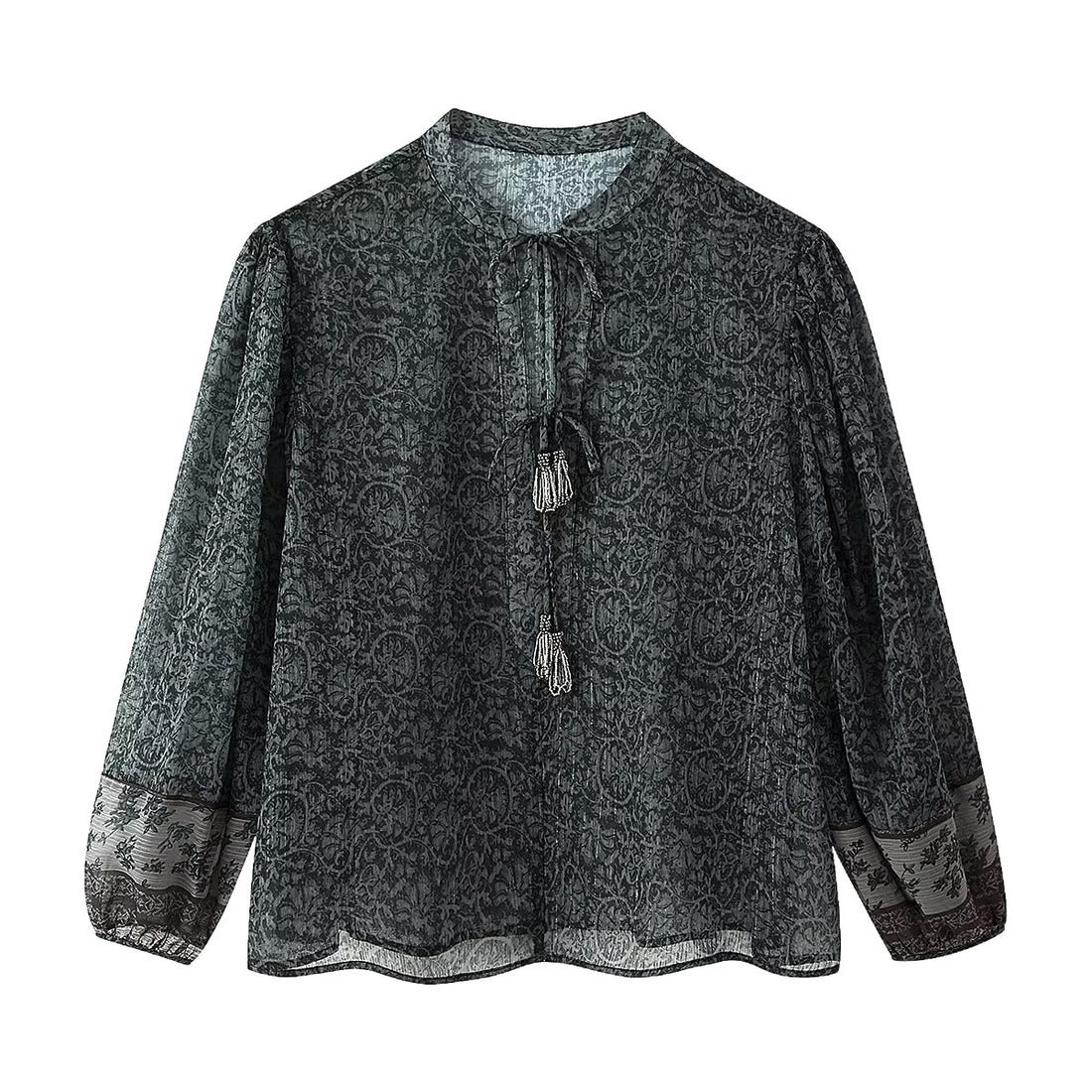 Damen Chiffon-Bluse mit Paisley‑Print, Quastenbändern und Ballonärmeln Echoarchiv