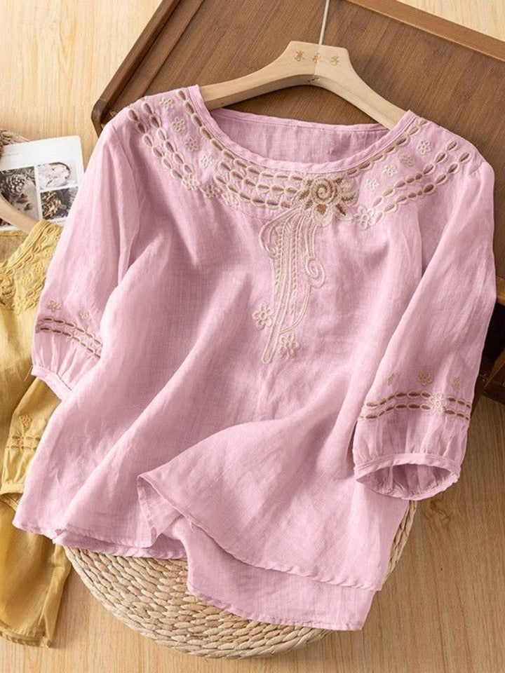 Damen Bestickte Leinenoptik-Bluse mit Rundhalsausschnitt und Dreiviertelärmeln – Élovi