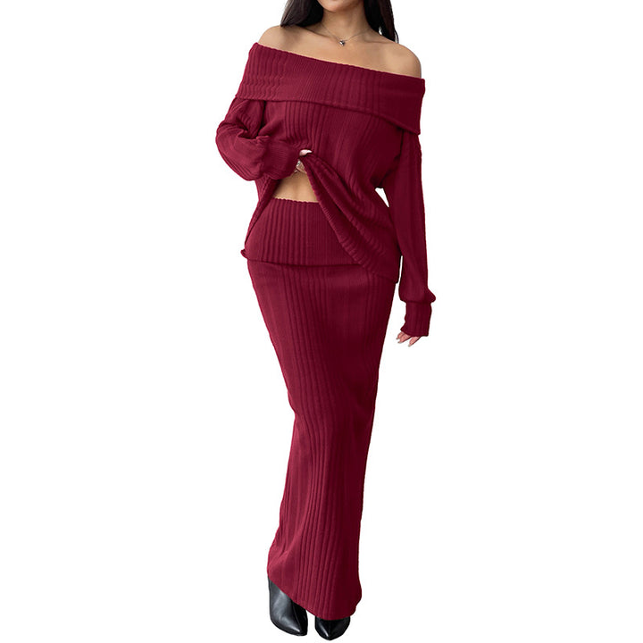 Damen Schulterfreies Rippstrick-Set mit Off-Shoulder-Oberteil und figurbetontem Maxirock Echoarchiv