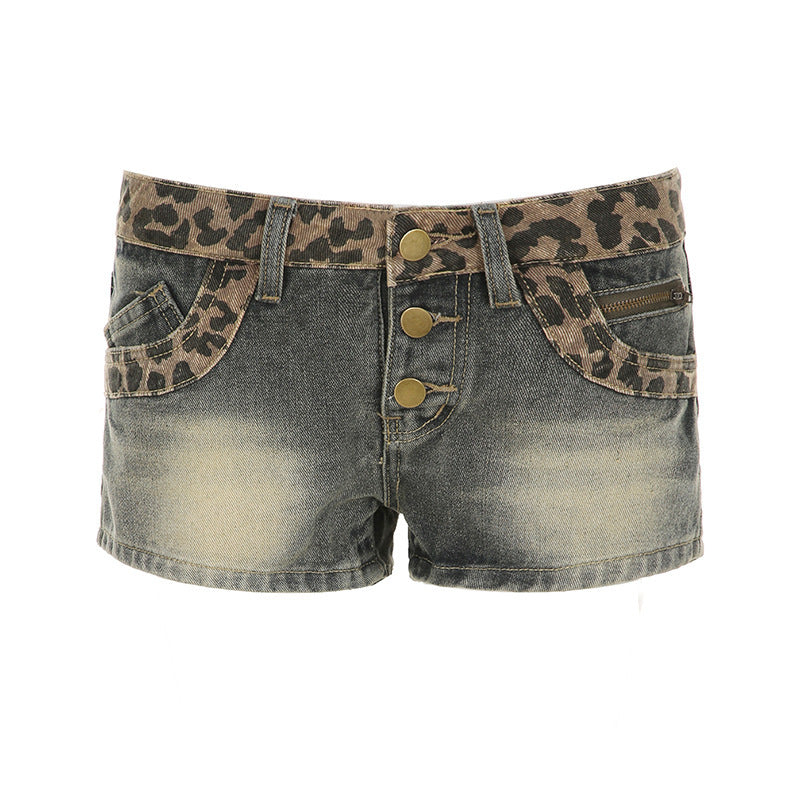 Damen Leoprint Denim-Shorts mit Knopfdetails und elastischem Bund Echo Archiv