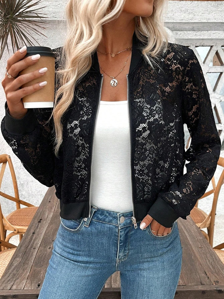 Damen nan Spitzen-Bomberjacke mit Reißverschluss, Rippbündchen und floraler Transparenz Echo Archiv