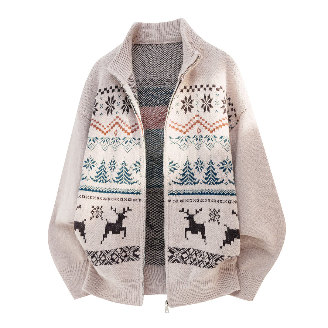 Unisex Zip-Strickjacke im Norwegerstil mit hohem Kragen und Kassettenmuster Echo Archiv