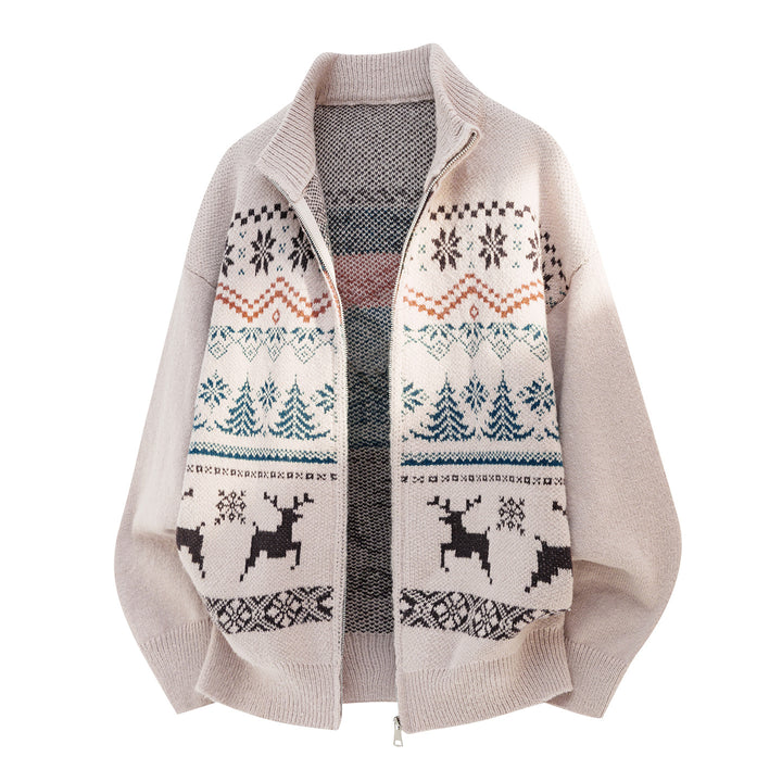 Unisex Zip-Strickjacke im Norwegerstil mit hohem Kragen und Kassettenmuster Echo Archiv