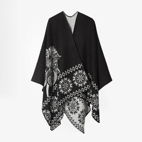 Damen Poncho‑Cape mit zweifarbiger Webstruktur, floralem Medaillon‑Jacquard und offener Front – Avérine