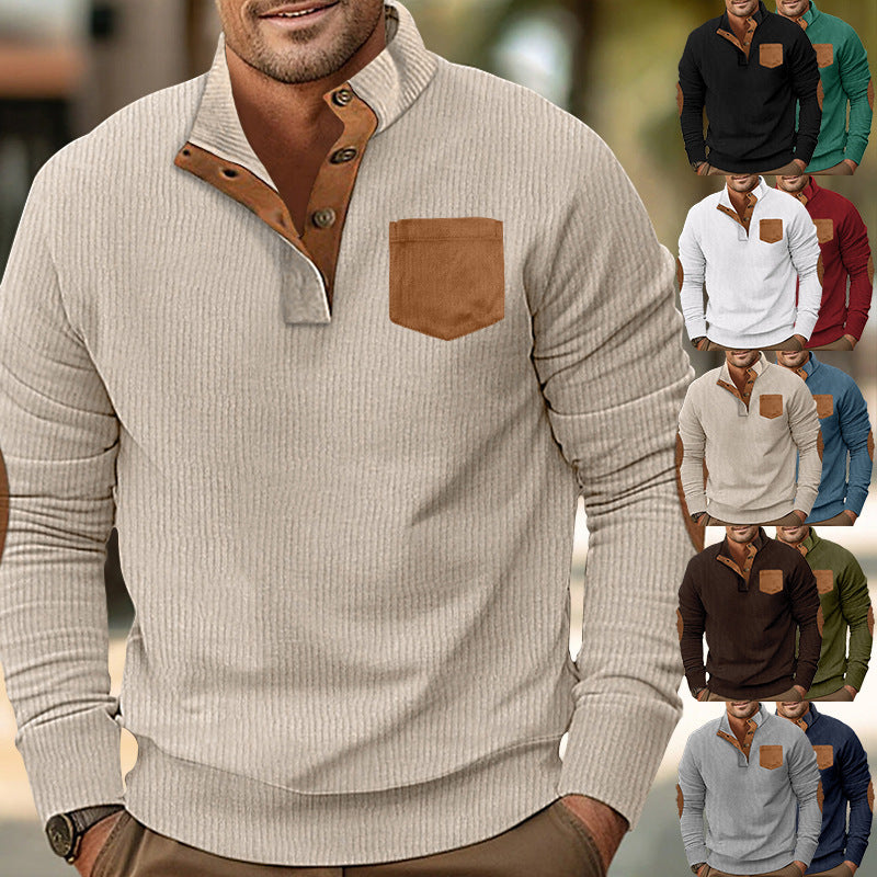 Herren eleganter Strickpullover mit Knopfleiste und kontrastierenden Ellbogenpatches Echoarchiv