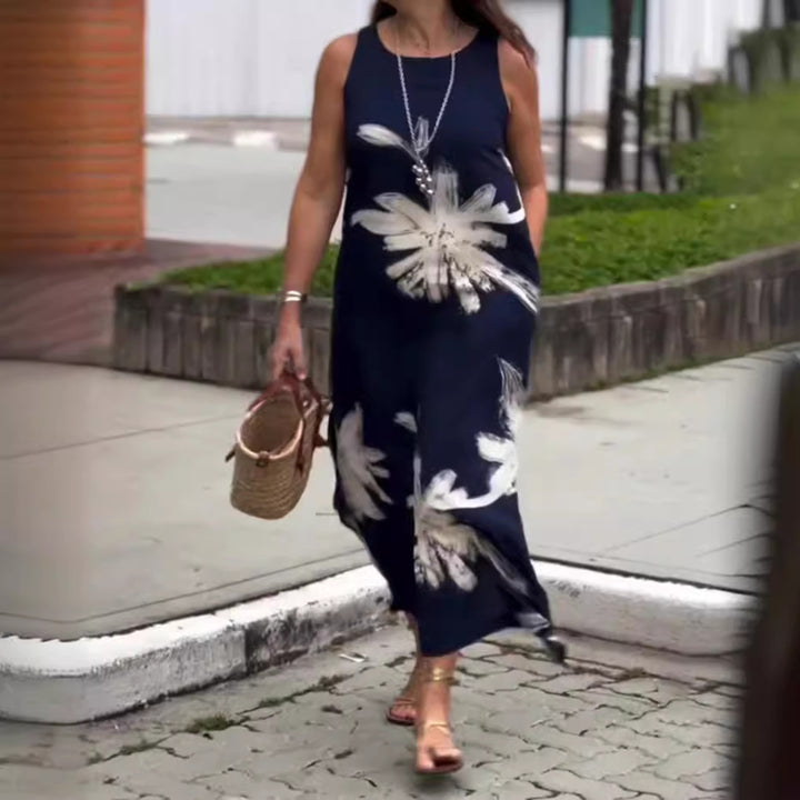 Damen nan ärmelloses lässiges Maxikleid aus Leichtjersey mit großflächigem Pinselblumenmuster und versteckten Seitentaschen Echo Archiv