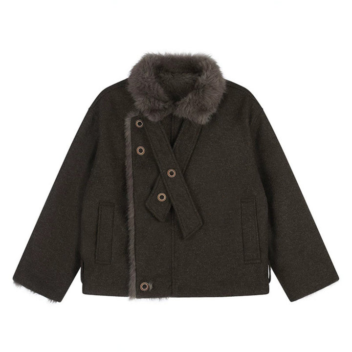 Damen Kurz geschnittene Wolljacke mit Kunstfellbesatz und asymmetrischer Knopfleiste Echoarchiv