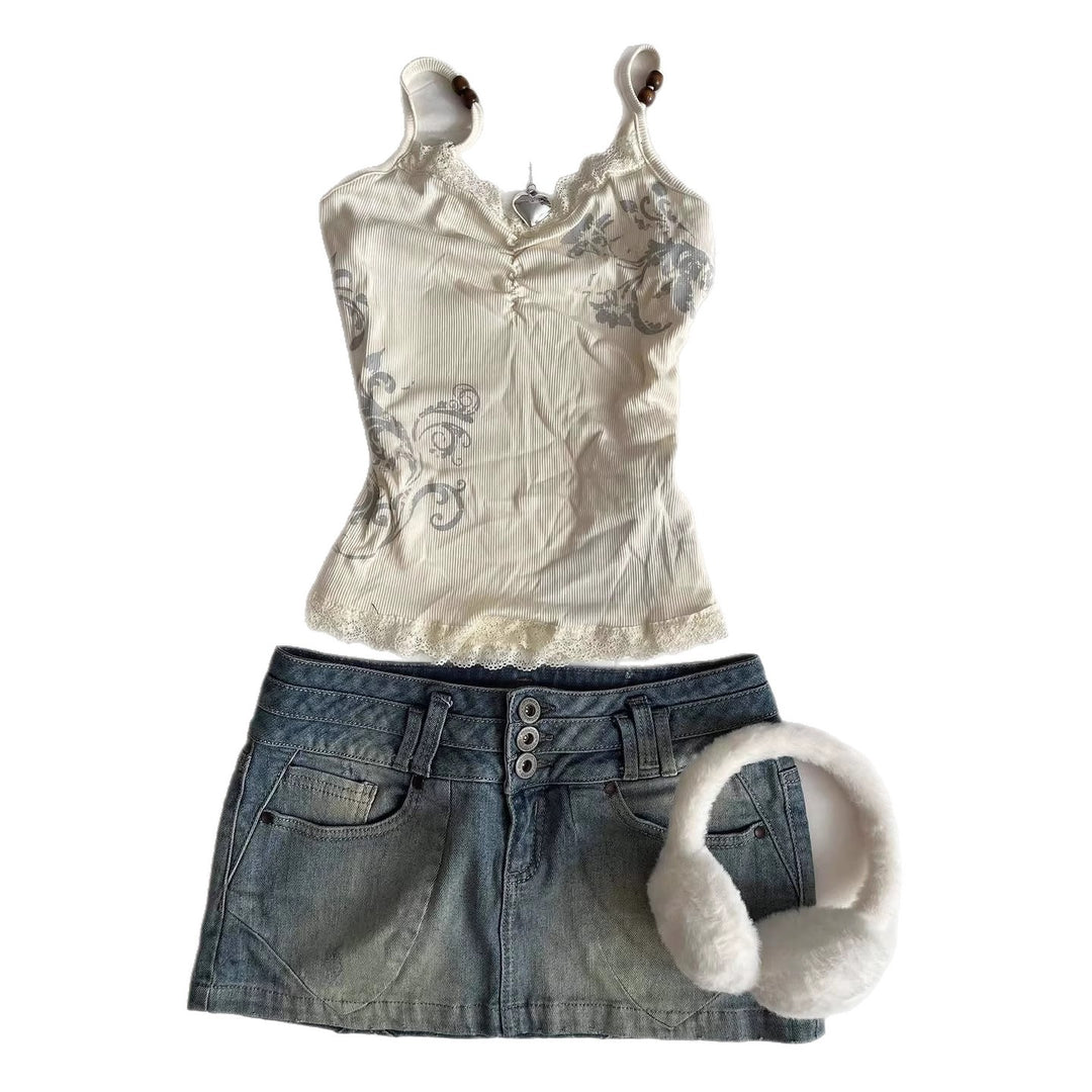 Damen Verspieltes Spaghetti-Träger Top mit Spitzendetails Echo Archiv