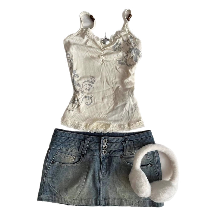 Damen Verspieltes Spaghetti-Träger Top mit Spitzendetails Echo Archiv