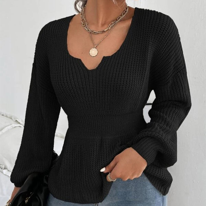 Damen Taillierter Feinstrickpullover mit eingekerbtem V-Ausschnitt, taillenbetonter Rippzone und Ballonärmeln Echo Archiv