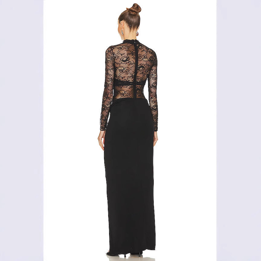 Damen Lange Spitze Kleid mit transparenten Einsätzen und elegantem Schlitz Echo Archiv