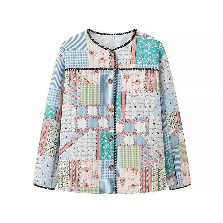 Damen gesteppte Patchwork-Quiltjacke mit Rundhalsausschnitt, Zierborte und Frontknöpfen Echo Archiv