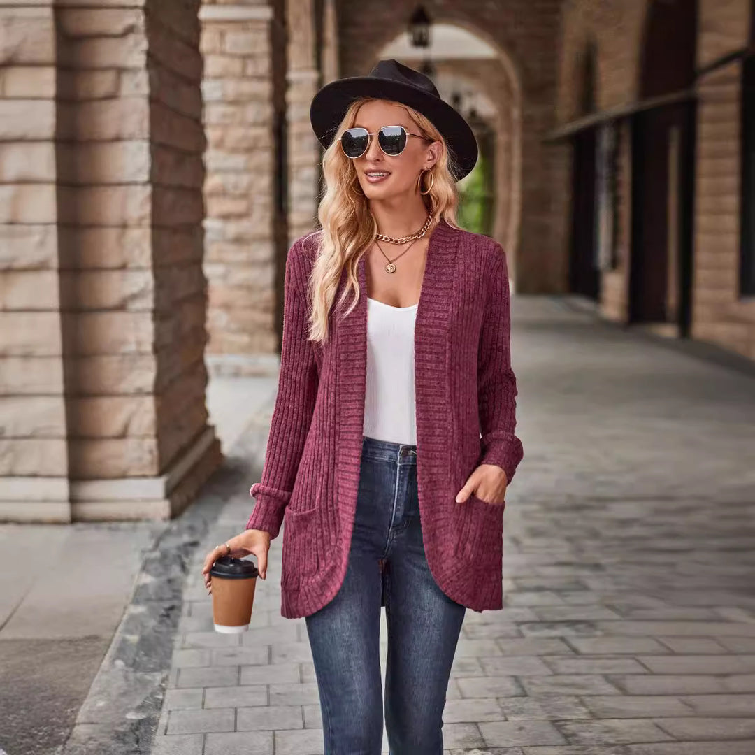 Damen nan langer gerippter Cardigan mit aufgesetzten Taschen und offener Front Echo Archiv