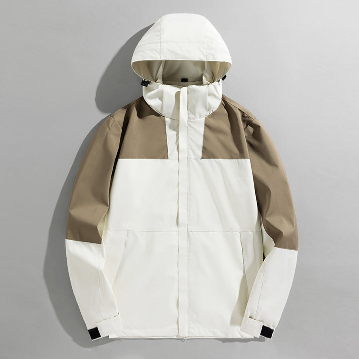 Herren zweilagige technische Kapuzen-Outdoorjacke mit hochschließendem Stehkragen und verstellbarer Kapuze – Taviero