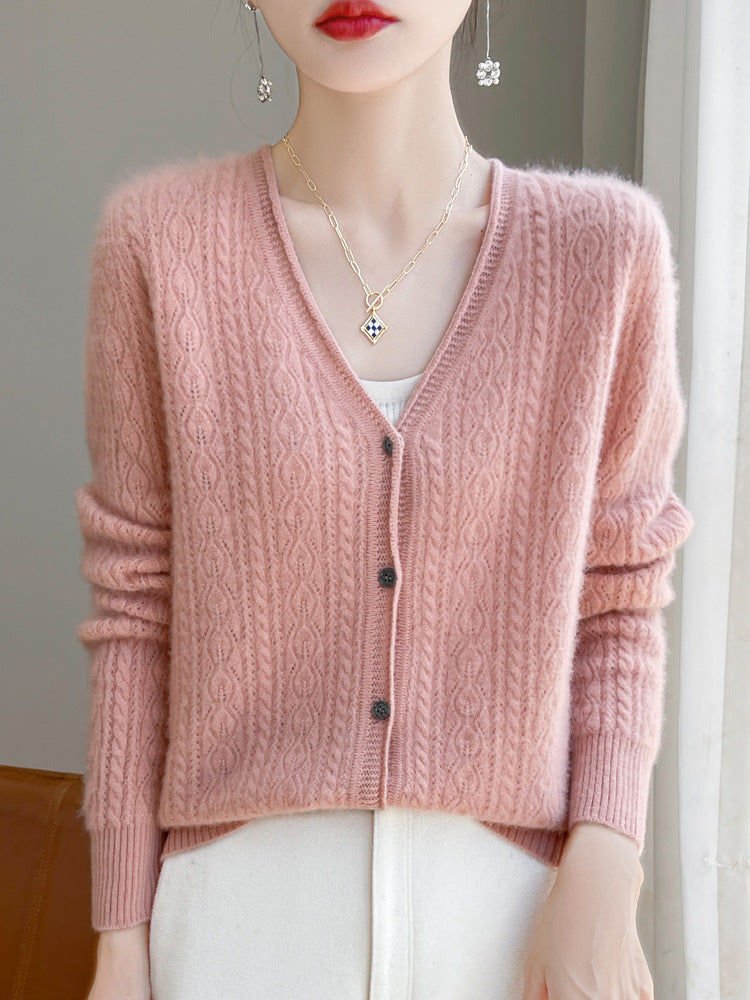 Damen Kurzer Zopfmuster-Cardigan im Mohair-Look mit V‑Ausschnitt und gerippten Bündchen Echoarchiv