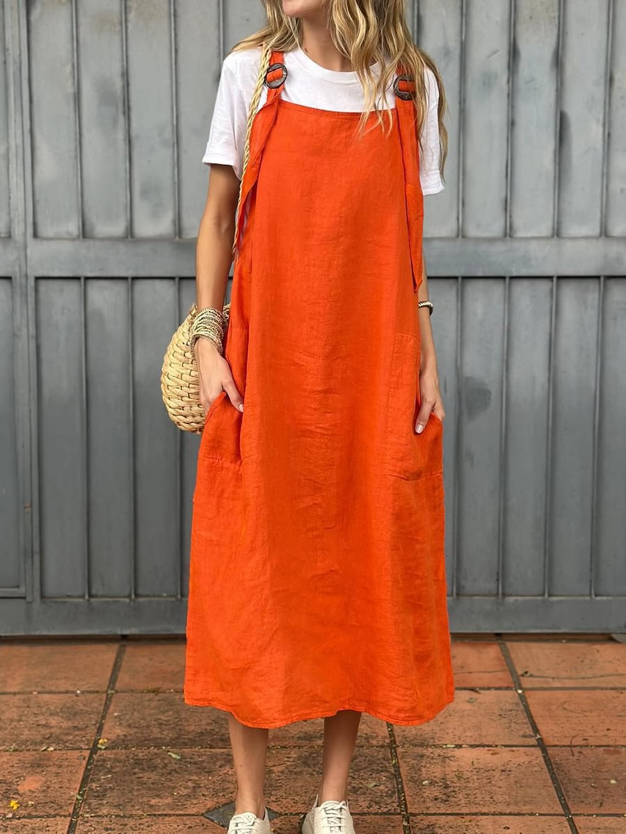 Damen Lässiges Leinen-Latzkleid mit praktischen Seitentaschen und verstellbaren Trägern Echoarchiv