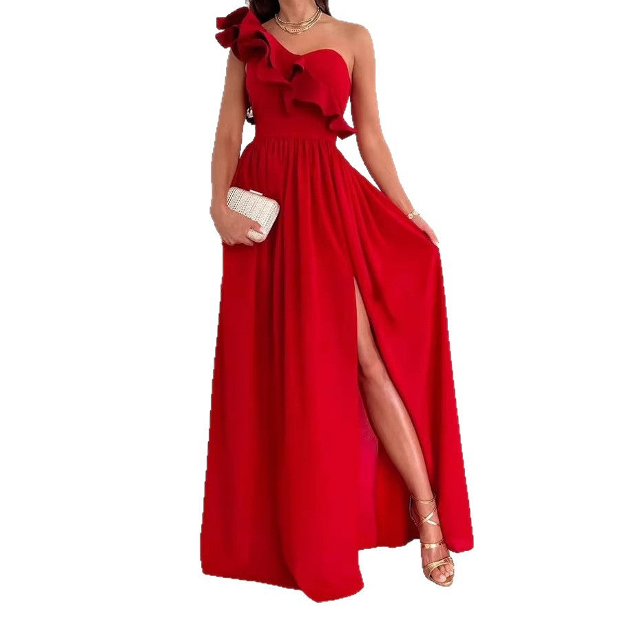 Damen Maxikleid mit asymmetrischem Schnitt und voluminösem Rüschendetail Echo Archiv