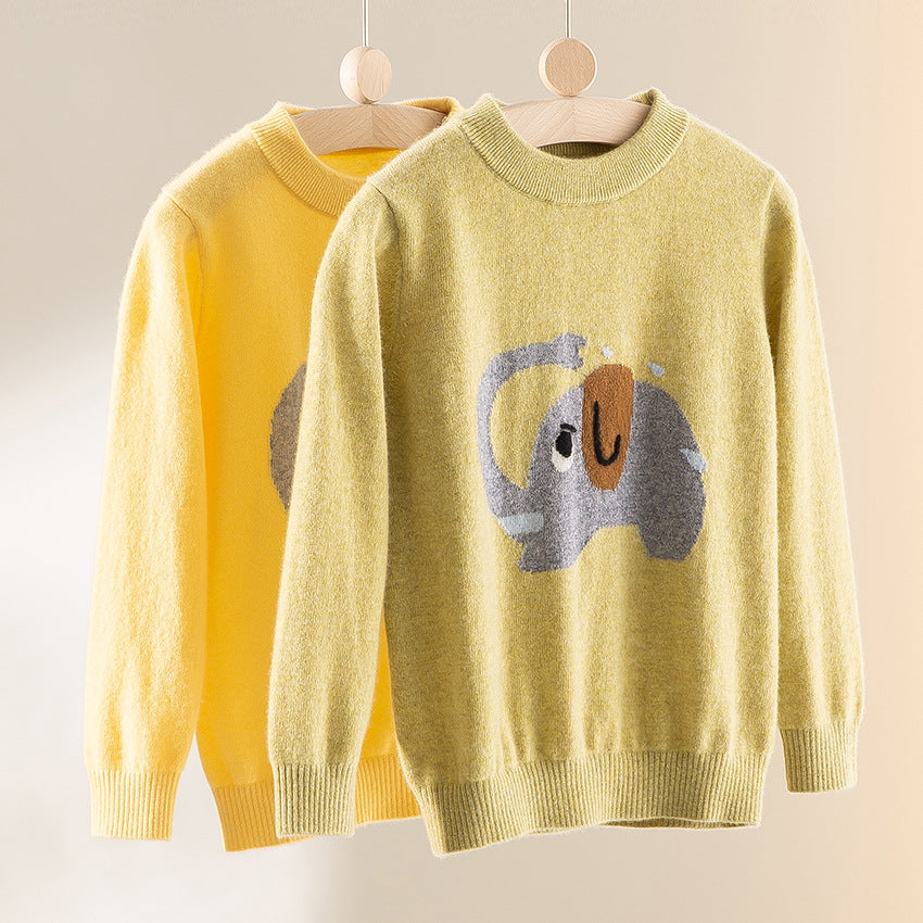 Damen Feinstrick-Pullover mit plüschiger Elefanten-Intarsia und Rippbündchen Echoarchiv