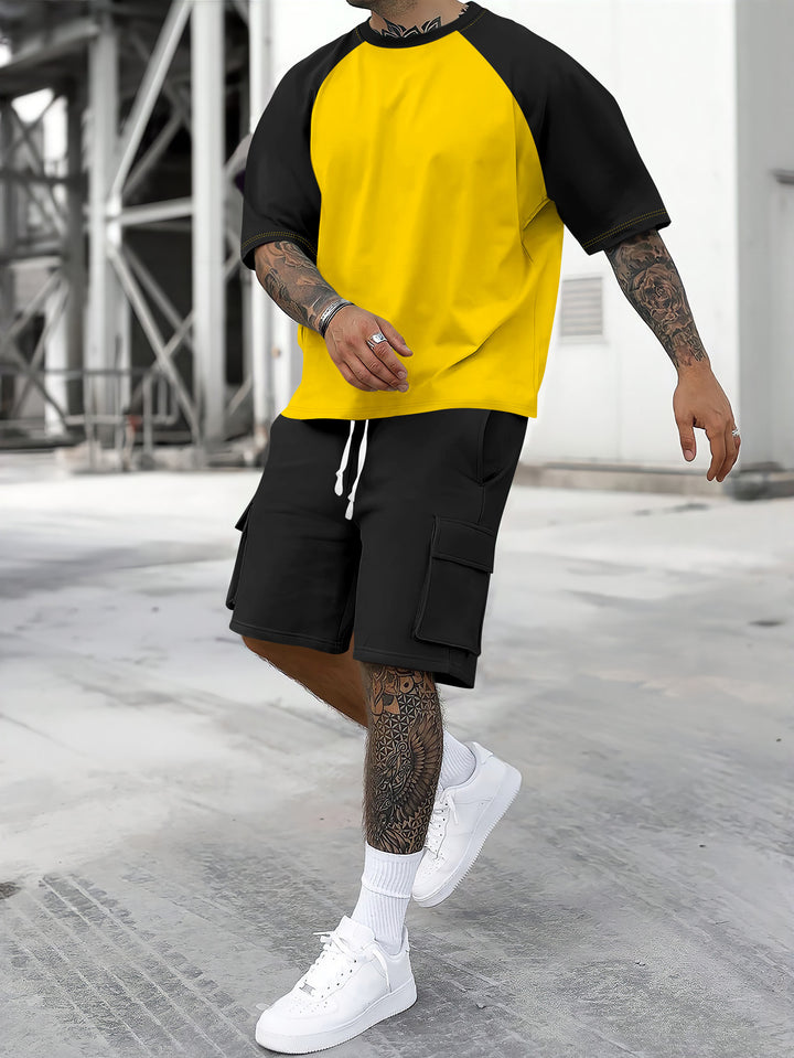 Herren Sportliches T-Shirt und Cargo-Shorts Set mit Kontrastärmel und praktischen Taschen Echoarchiv
