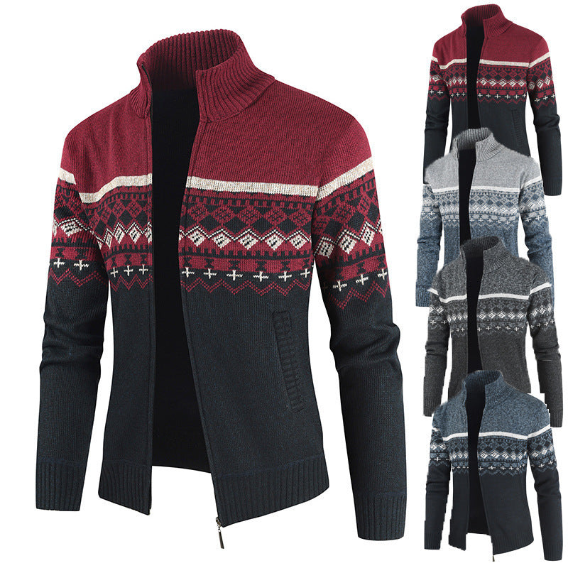 Herren Strickjacke mit geometrischen Mustern und hohem Kragen Echoarchiv