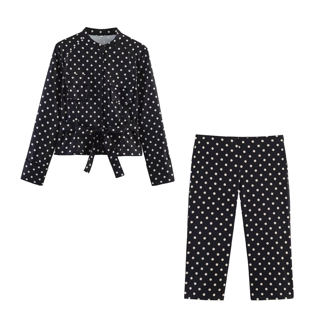 Damen Gepunktete Taillierte Blusenjacke mit Stehkragen, Brusttaschen und Taillenband Echo Archiv