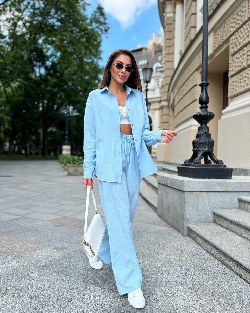 Damen Leichter Leinen-Zweiteiler mit oversized Hemd und High‑Waist Palazzohose – Élanora