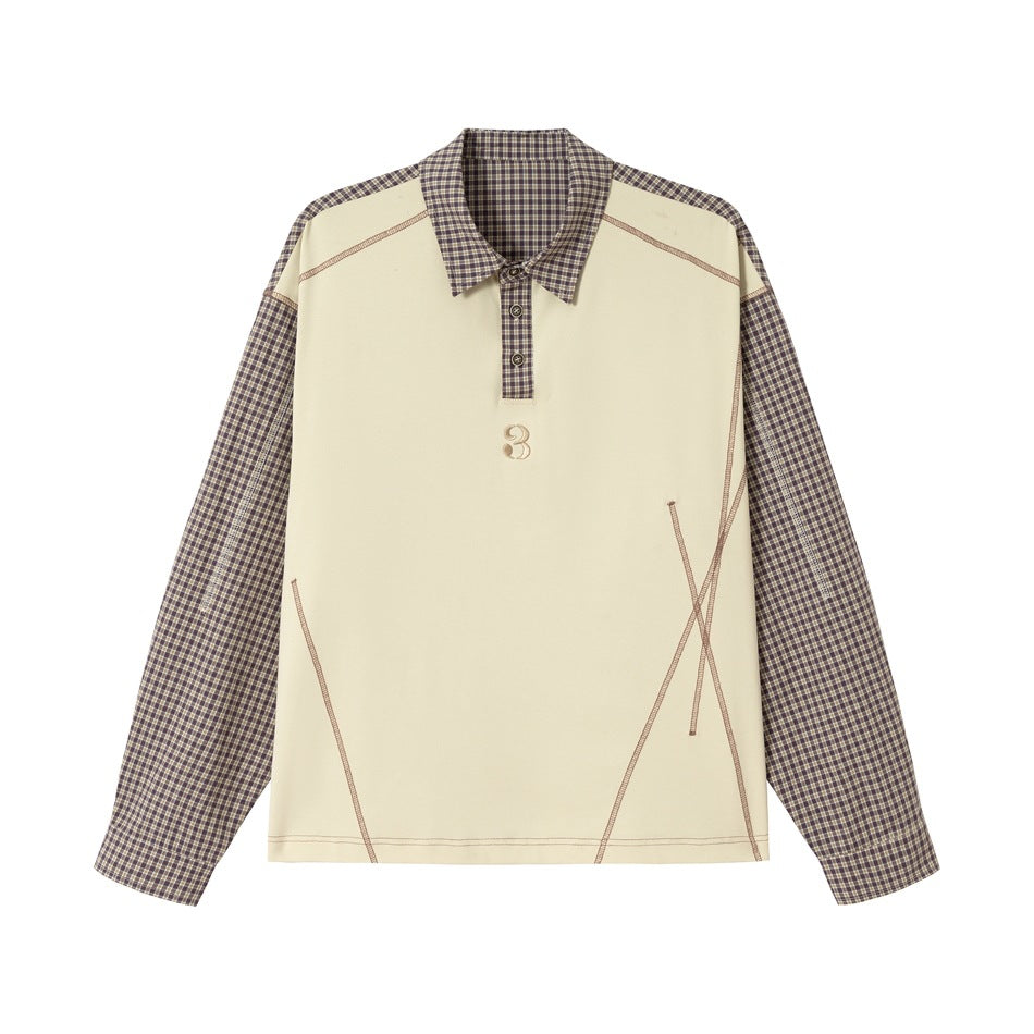 Unisex Oversize Langarm-Poloshirt mit karierten Ärmeln, Hemdkragen und dekorativen Steppnähten Echoarchiv