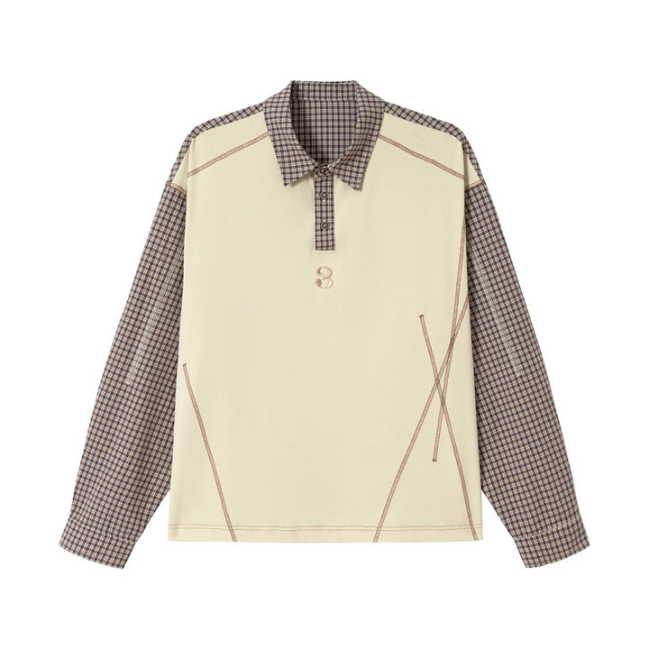 Unisex Oversize Langarm-Poloshirt mit karierten Ärmeln, Hemdkragen und dekorativen Steppnähten Echoarchiv