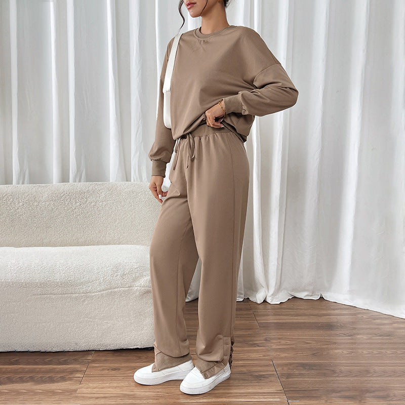 Damen Lässiges Sweat-Set mit Oversize-Rundhals und High-Waist-Hose mit Knopfmanschette Echoarchiv