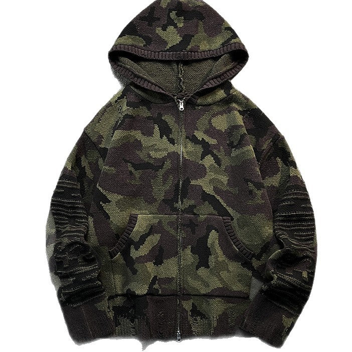 Herren Strick-Kapuzenjacke im Camouflage-Look mit Reißverschluss und used-Details Echoarchiv