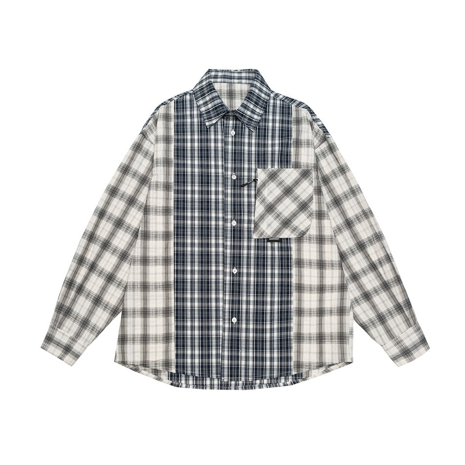 Unisex Kariertes Overshirt im Patchwork-Look mit Brusttasche Echoarchiv