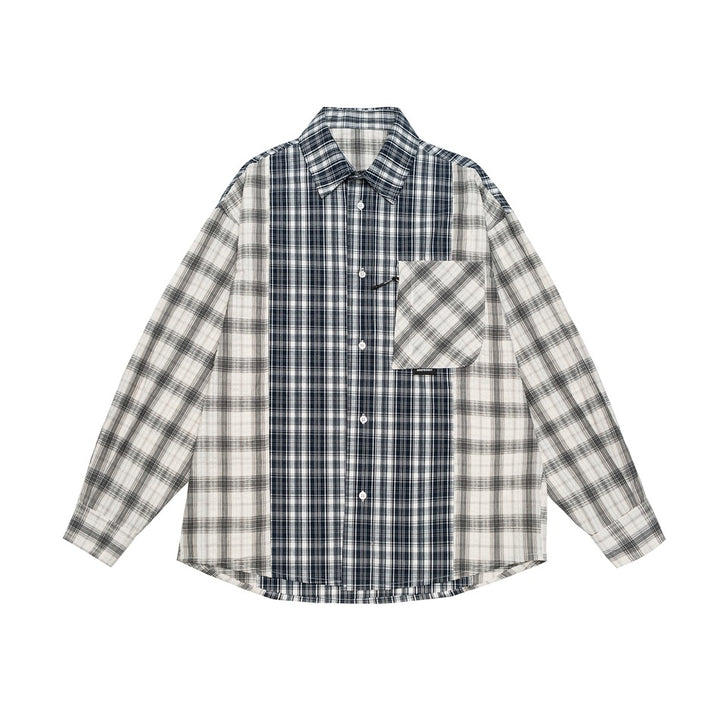 Unisex Kariertes Overshirt im Patchwork-Look mit Brusttasche Echoarchiv