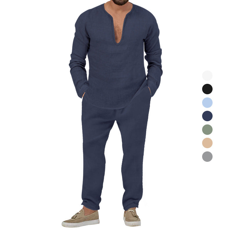 Herren Elegantes Leinen-Loungewear-Set mit Stehkragen Echoarchiv