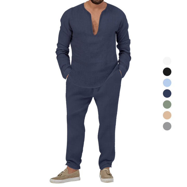 Herren Elegantes Leinen-Loungewear-Set mit Stehkragen Echoarchiv