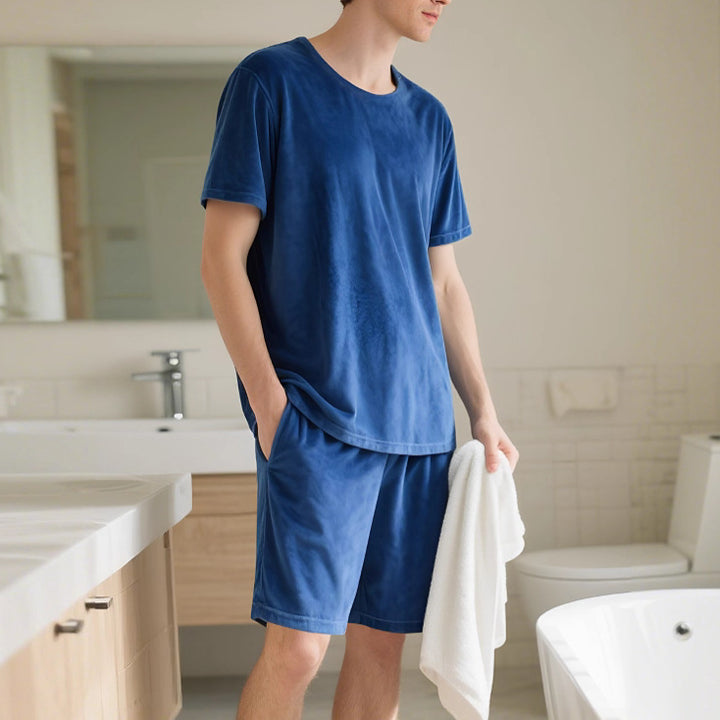 Herren nan Samtvelours Lounge-Set mit Rundhals-Kurzarmshirt und Kordelshorts Echo Archiv